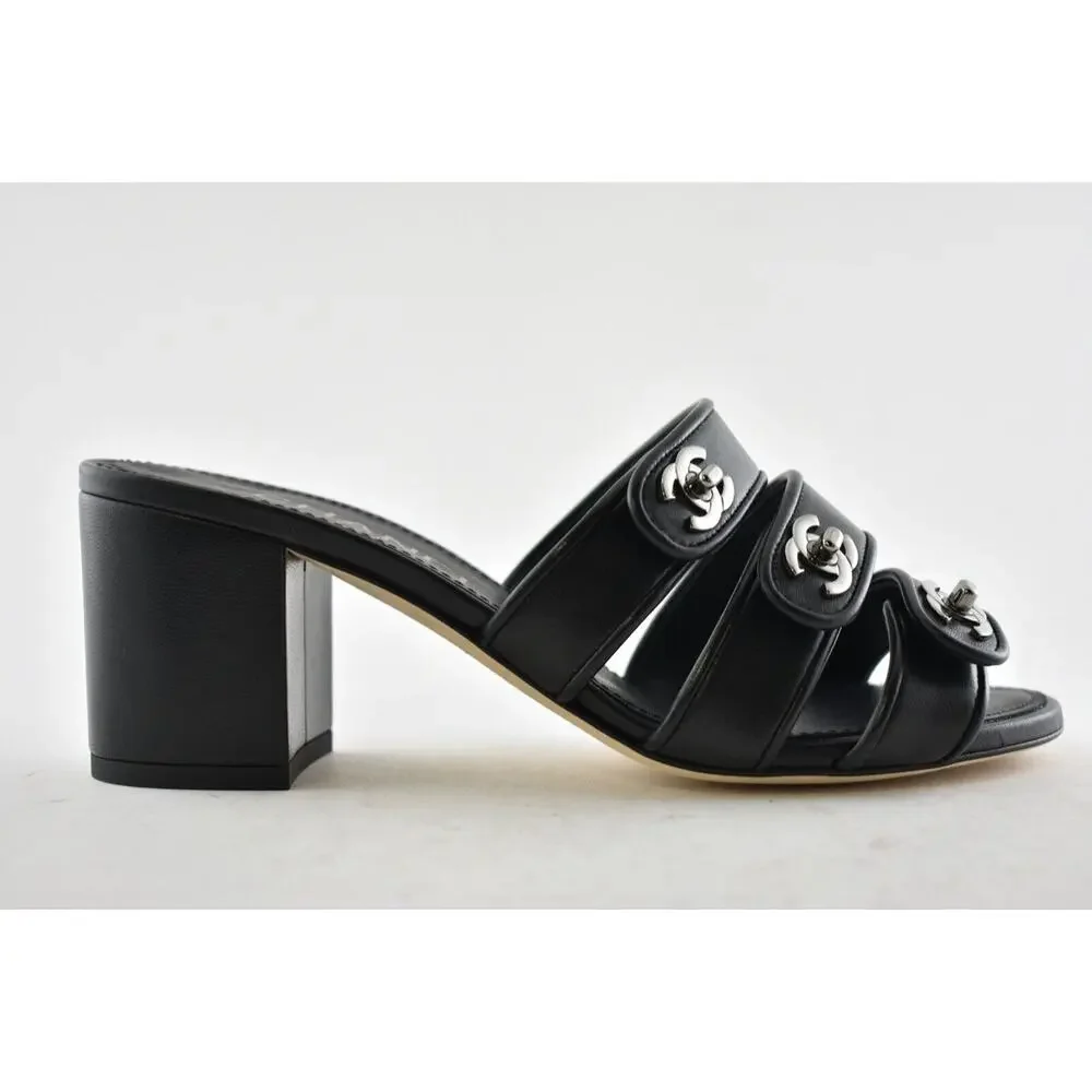 Chanel 19P Black Leather Turnlock CC Logo Mule Strap Slide Block Heel Sandal 36 - Picture 2 of 12